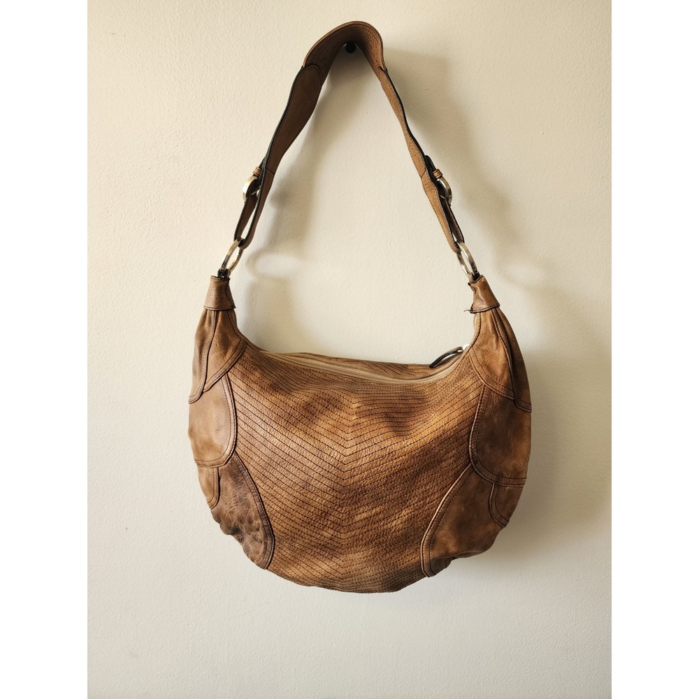 Tosca Blu Italy Tan Leather Hobo Shoulder Bag Chevron Stitched Slouchy Purse